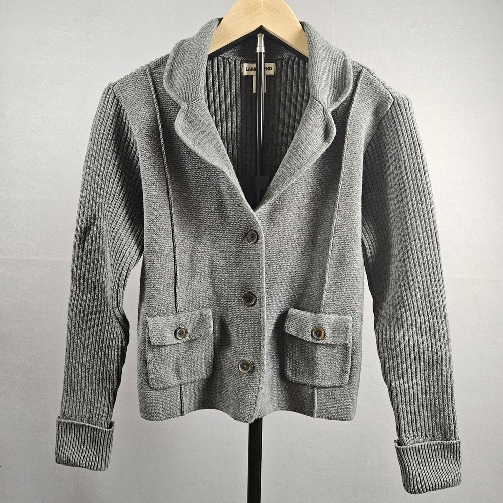 Lands End Cardigan Blazer Ribbed Cotton Gray Petite M/P 10-12